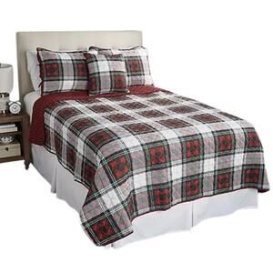 Home Reflections Reversible Holiday Plaid Quilt Sham Pillow Set Full Double NWT